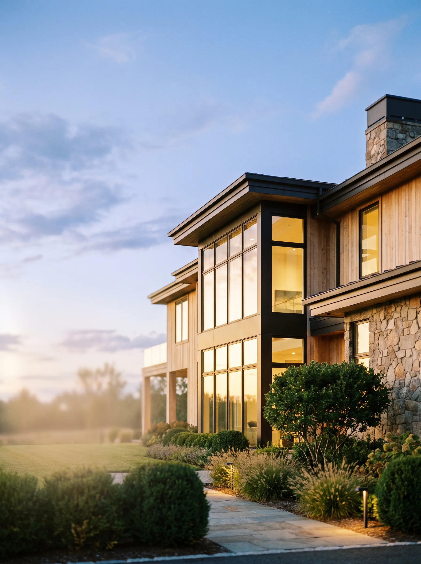 Modernes Wohnhaus zur blauen Stunde mit warmem Fensterlicht – Immobilienmanagement 360°