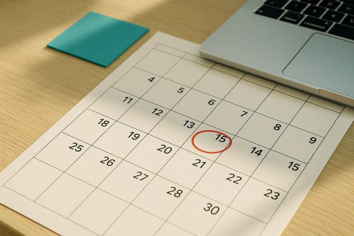Hand markiert die Abrechnungsfrist im Kalender neben dem Laptop — die Zwölf-Monats-Frist rechtzeitig im Blick behalten.