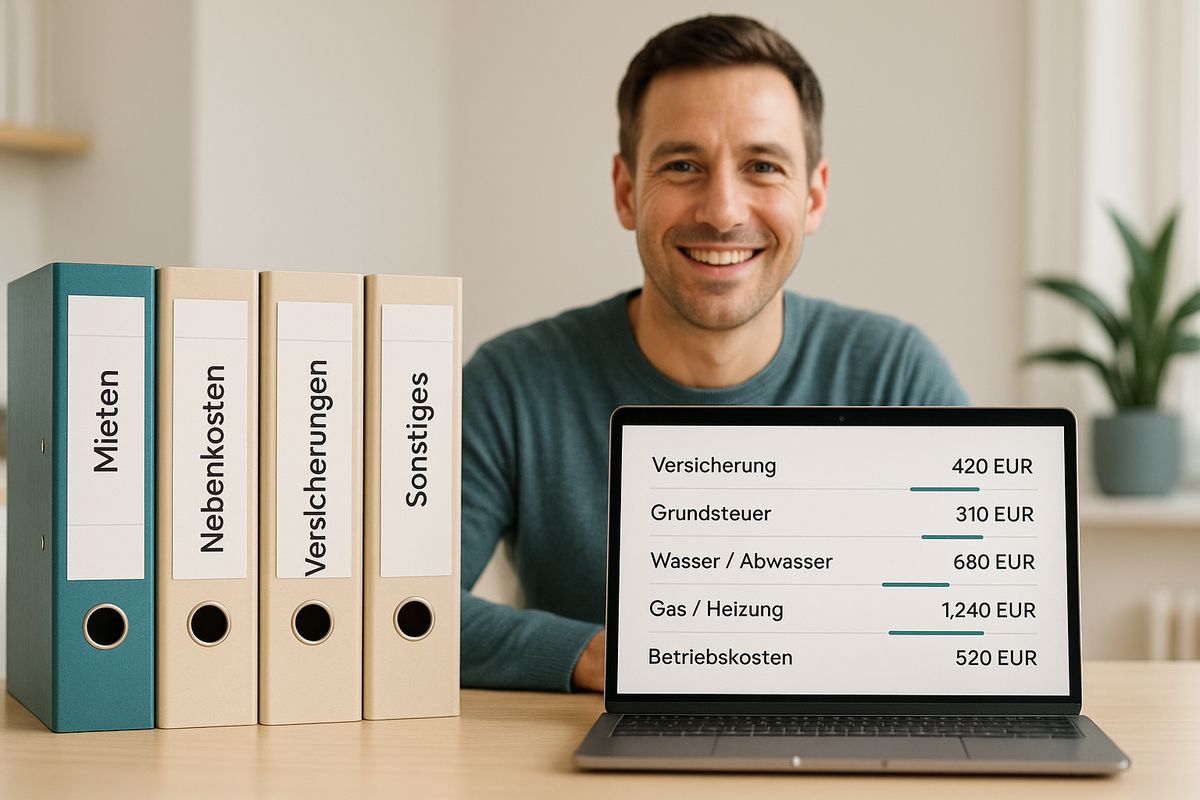 Beschriftete Ordner und eine sortierte Kostenübersicht am Laptop — klare Kostenarten statt Zettelwirtschaft.