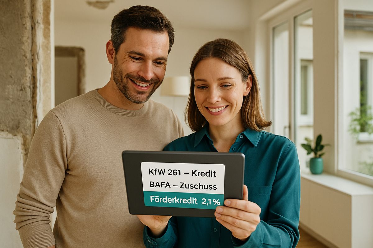 Paar hält ein Tablet mit den Förderoptionen KfW-261-Kredit und BAFA-Zuschuss.