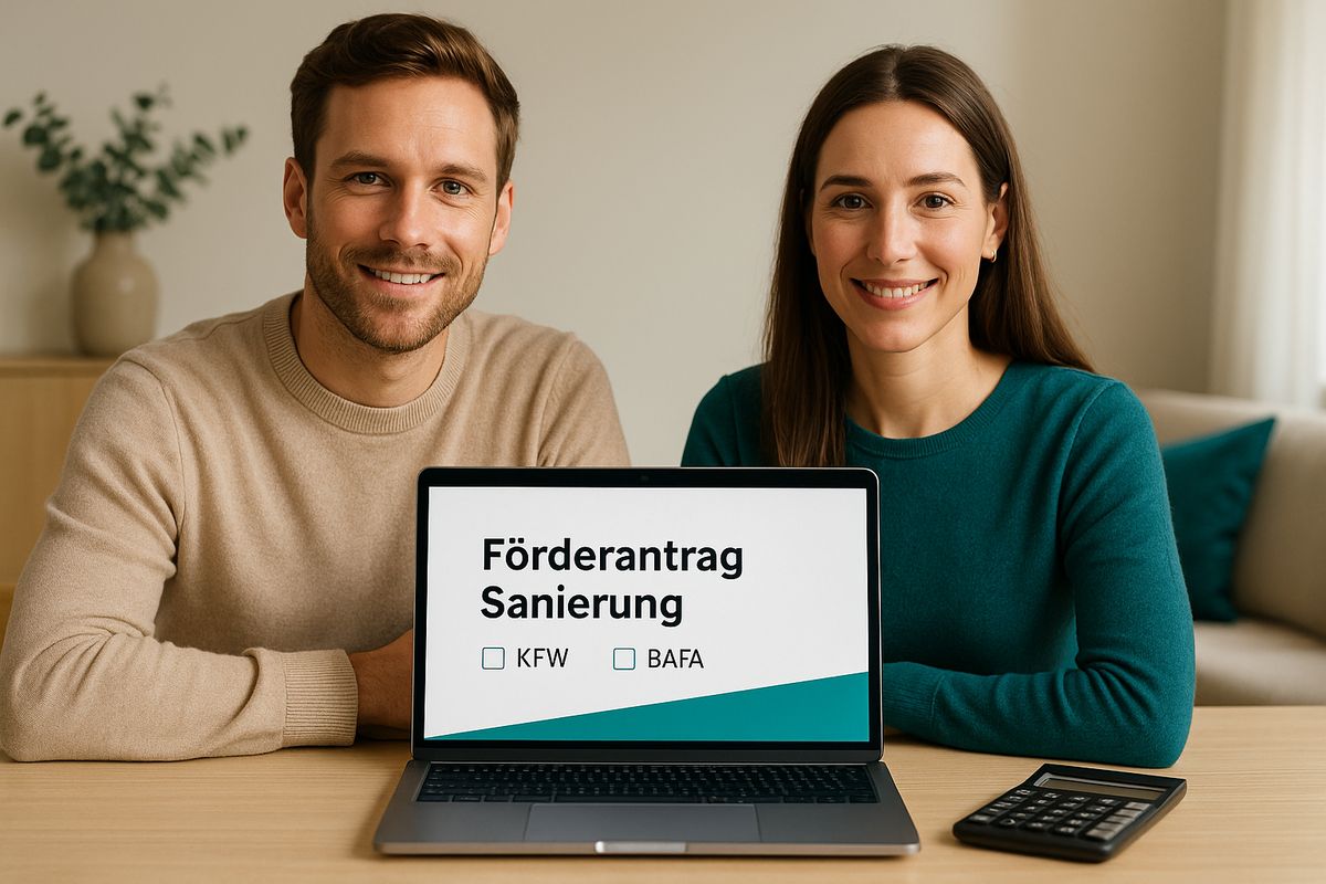 Paar stellt am Laptop einen Förderantrag für die Sanierung (KfW/BAFA).
