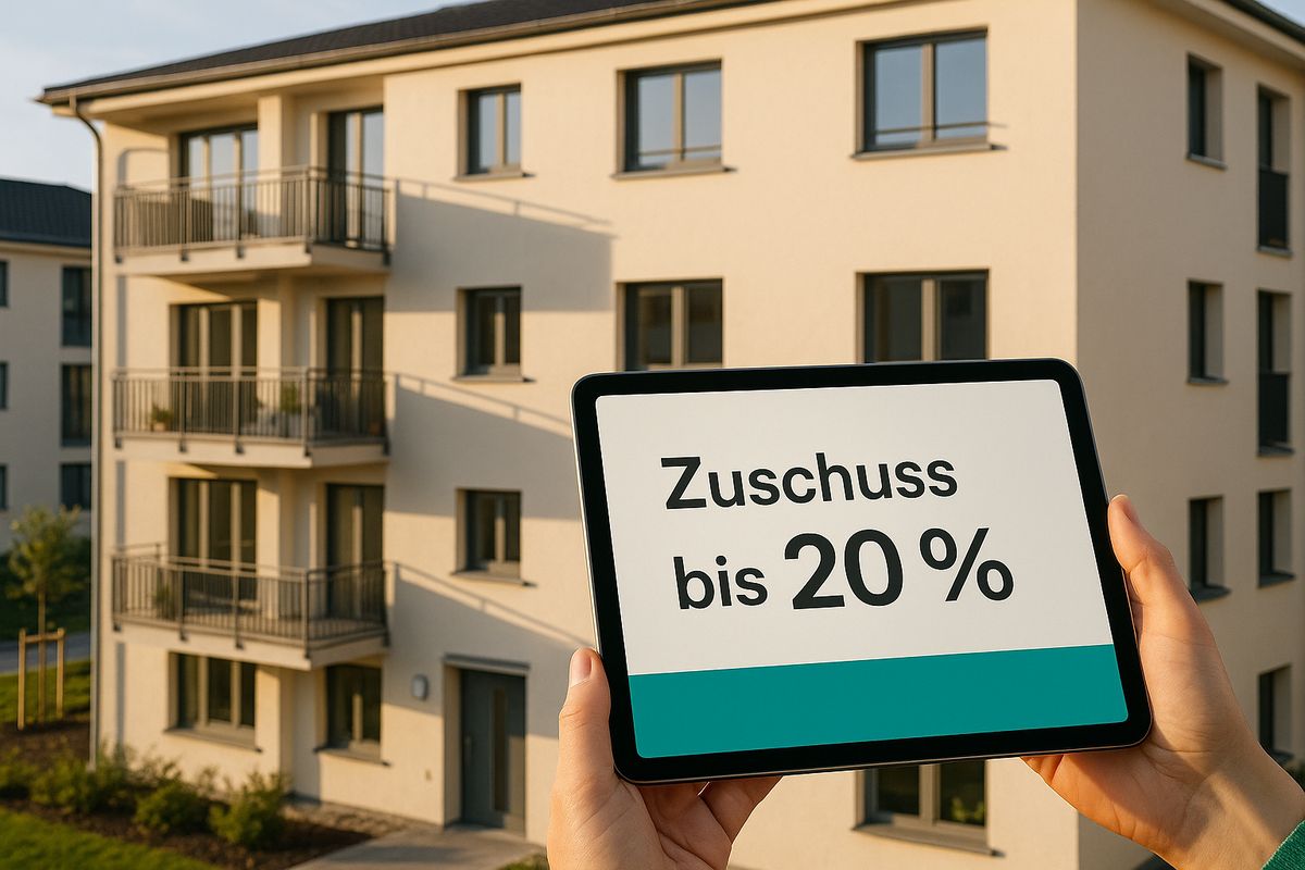 Hand hält ein Tablet mit „Zuschuss bis 20 %“ vor einem sanierten Mehrfamilienhaus.