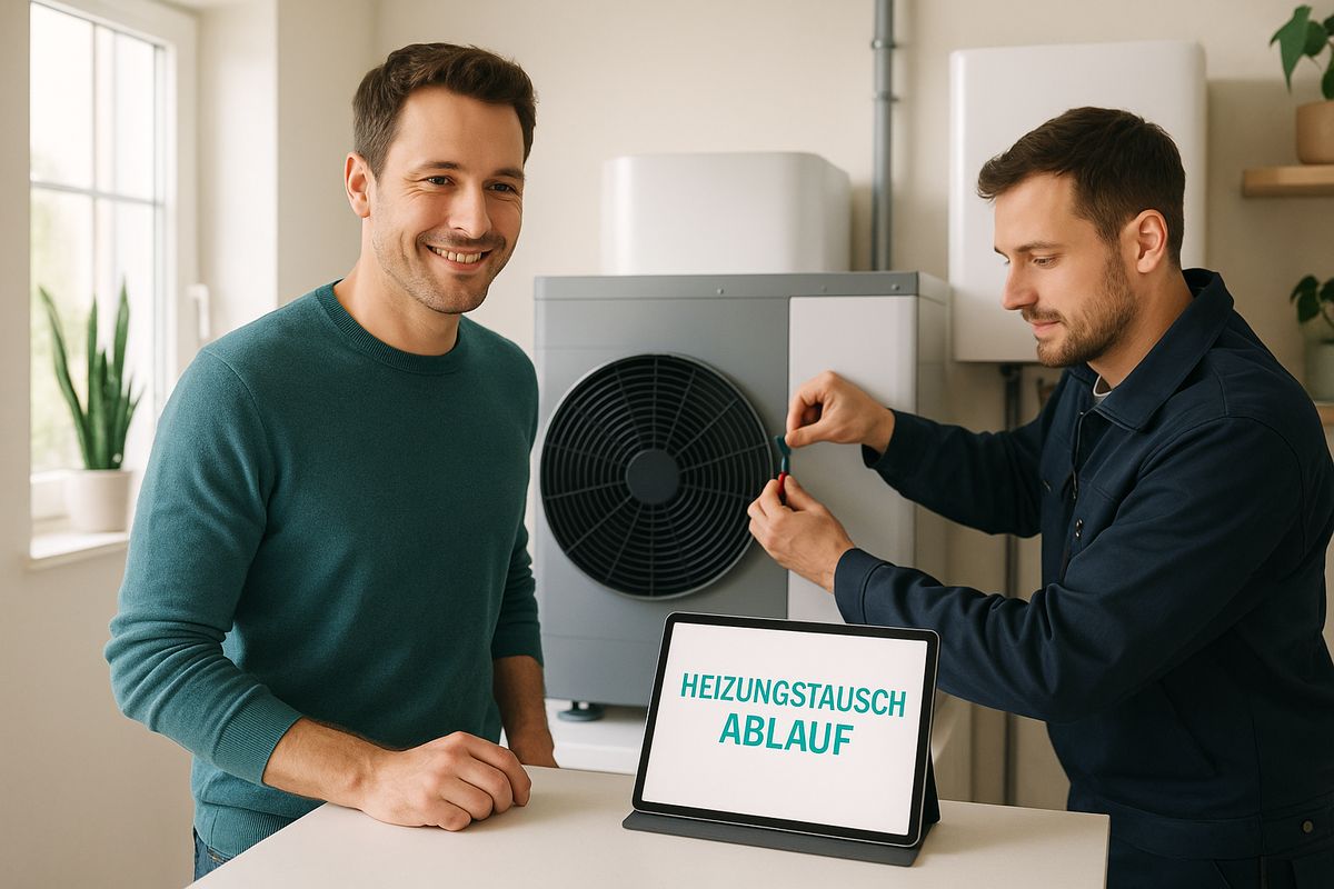 Vermieter und Fachhandwerker an einer Wärmepumpe mit Schild „Heizungstausch Ablauf“.