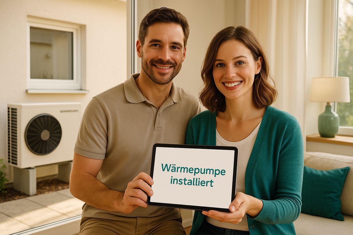 Paar hält ein Tablet „Wärmepumpe installiert“ vor dem Außengerät.