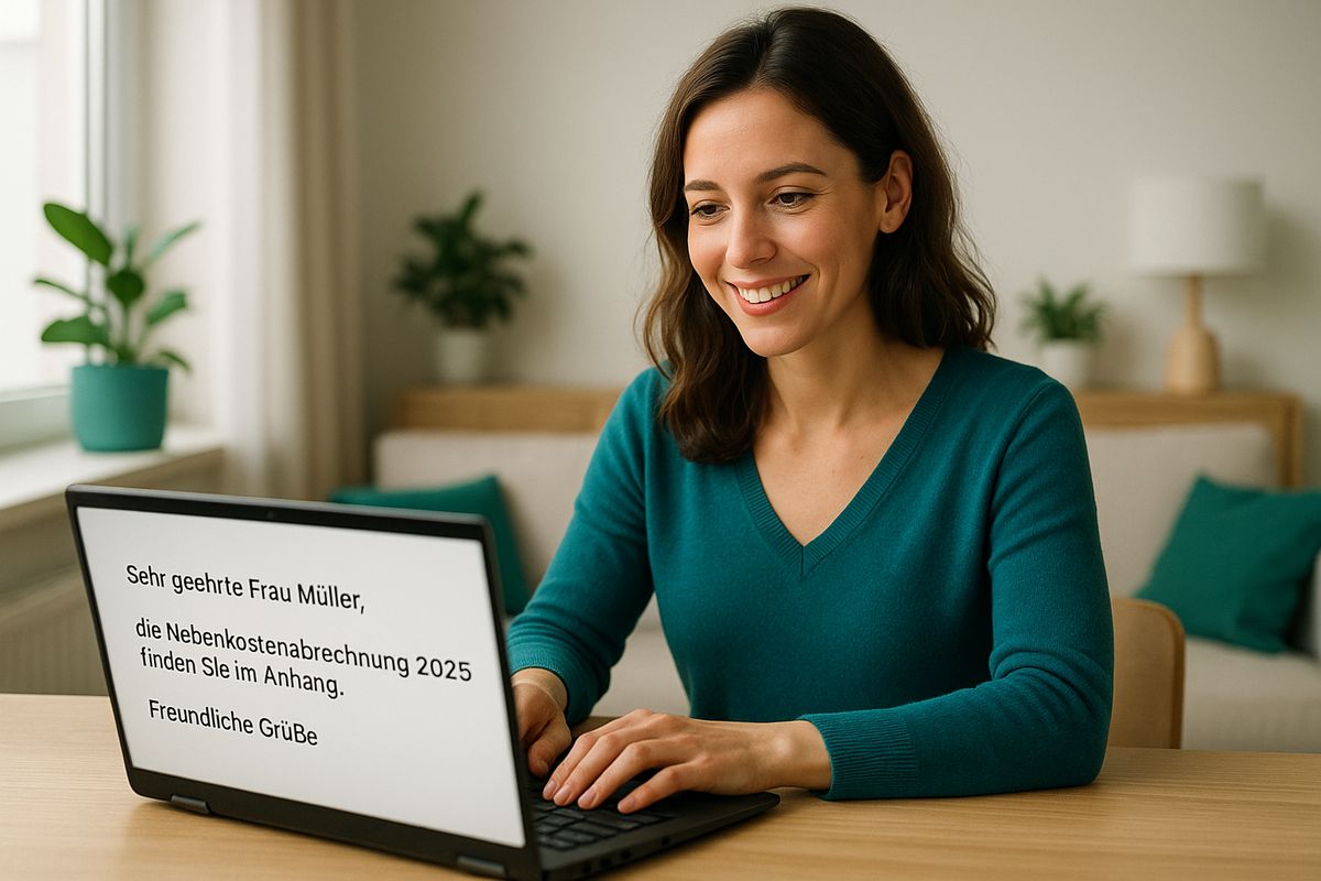 Private Vermieterin beantwortet am Laptop freundlich eine Mieteranfrage.