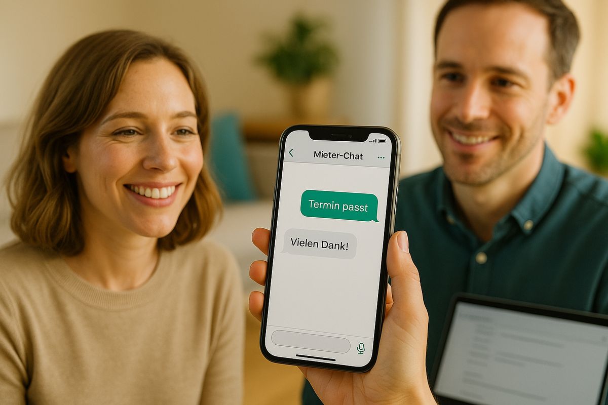 Vermieterin zeigt auf dem Smartphone einen Mieter-Chat mit bestätigtem Termin.