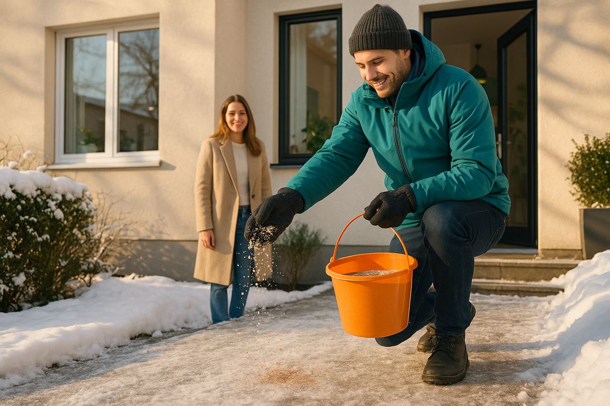 Winterdienst: Vermieter streut Streugut auf dem verschneiten Zugang zum Haus.